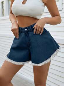 SHEIN Cottnline 99%Cotton FRAYED HEM LOOSE MINI SHORT - Medium Wash - View 3