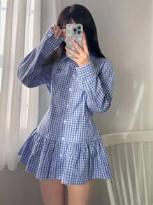 FRIFUL 女式格子衬衫，背部蝴蝶结，荷叶边下摆，刺绣蝴蝶结装饰，适合秋季格子上衣女式格子衬衫荷叶边上衣系带上衣格子衬衫长袖上衣 - 藍色 - 查看 6