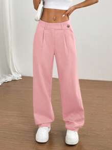 SHEIN Unity Women Casual Solid Color Loose Pants, Suitable For Daily Commute Fall Cloth For Women - Pink - View 7