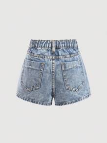 SHEIN 青春期女孩夏季 Y2K 休闲波西米亚风不对称纽扣蓝色牛仔短裙，适合女孩夏季度假和日常街头服饰，女孩返校服装，青春期女孩牛仔裙，青春期女孩牛仔短裤，Y2K 牛仔裙 - 淺色水洗藍 - 查看 2