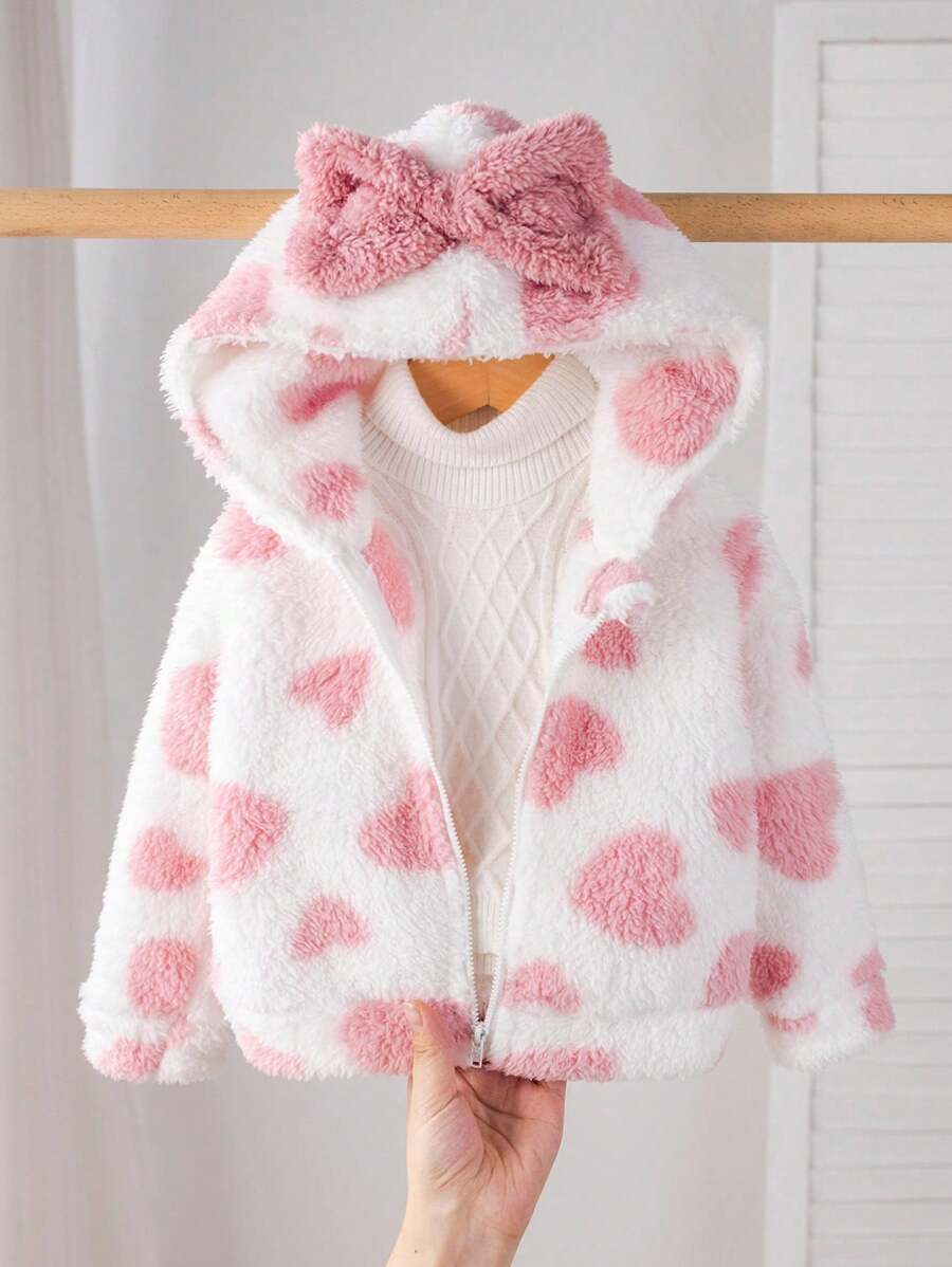 SHEIN Cute Casual Zip-Up Hooded Fluffy Long Sleeve Baby Girls Jacket,In Fall/Winter - Pink - View 1