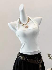 SHEIN Unity Women's Vacation Rhinestone Decor Halter Neck Camisole, Sexy For Date - White - View 6