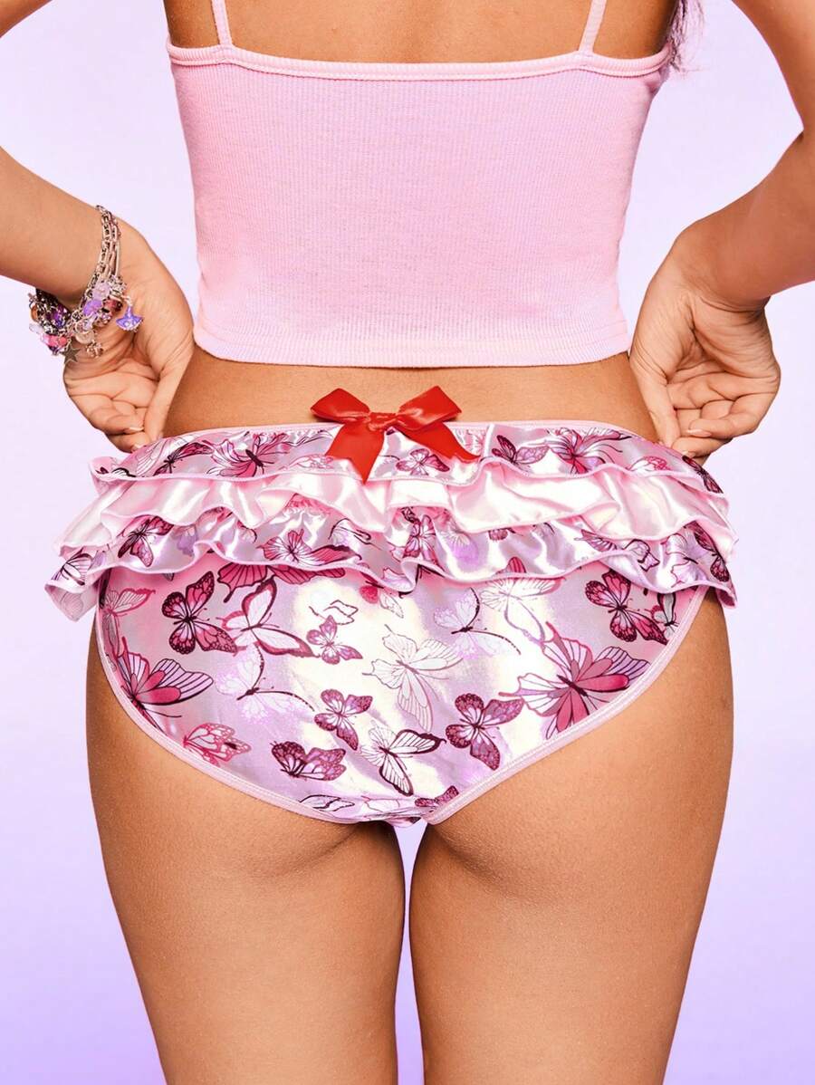 Notgurli Rosa Schmetterling Kontrastfarben Mehrschichtige Rüschen Satin Spitzenbesatz Kawaii Süße Lolita Stil Shorts, können als Oberbekleidung oder Bloomers getragen werden - Verschiedenfarbig - Übersicht 1