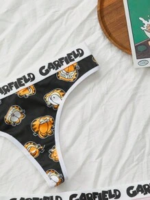 GARFIELD | SHEIN 女士舒适可爱卡通猫咪印花字母丁字裤 - 黑色 - 查看 5