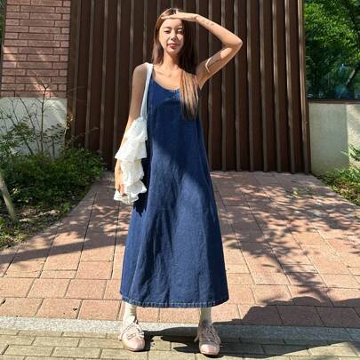 여성용 여름 스파게티 끈 맥시 데님 캐주얼 드레스