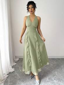 Modelyn French Elegant Solid Color V-Neck Halter Backless Waist Shaping Dress - Green - View 5