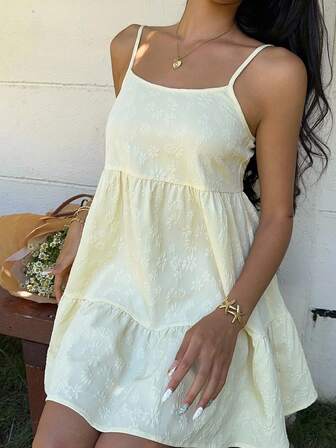 MainGRL Yellow Women's Floral Jacquard Ruffle Hem Camisole Mini Dress