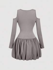 SHEIN MOD Women Off Shoulder Casual 2 In 1 Grey Long Sleeve Bubble Dress - Grey - View 2