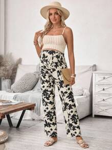 SHEIN Women Maternity Casual High Waist Plant Printed Pants, Autumn - Khaki - View 6