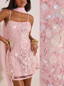 Opulessa 1 chiếc váy mini trang trí sequin dệt trơn màu dành cho nữ - Hồng - Xem 3