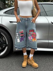 SHEIN ICON Quần short denim thêu họa tiết thường ngày cho nữ - Màu xanh lam - Xem 3