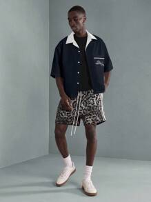 SUMWON Premium Summer Resort Bowling Shirt Short Sleeve Palm Springs Embroidered Casual Button Down Weekend Holiday Wear - Navy Blue - View 4