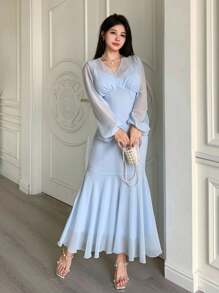 Modelyn Đầm ôm eo cổ chữ V cho nữ - Màu xanh lam - Xem 3