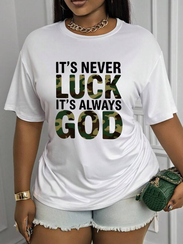 Maweii Plus Size Women's Casual T-Shirt - "It's Never Luck It's Always God" Camouflage Print White Short Sleeve Top, Round Neck, Machine Washable, All-Season Comfort, Motivational Apparel, Easy Care Clothing