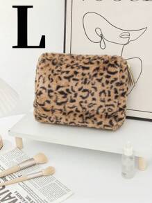 SHEIN 1 szt. Duża pojemność wielofunkcyjna torba podróżna do pielęgnacji, kosmetyczka z nadrukiem w panterkę, przenośna pielęgnacja skóry i przybory toaletowe, pluszowa kosmetyczka z nadrukiem w panterkę, duża pojemność, wysokiej jakości i słodka torba do przechowywania - Kolor khaki - Zobacz 7