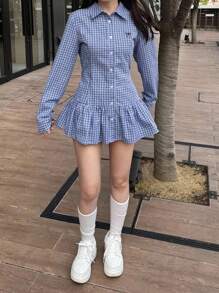 FRIFUL 女式格子衬衫，背部蝴蝶结，荷叶边下摆，刺绣蝴蝶结装饰，适合秋季格子上衣女式格子衬衫荷叶边上衣系带上衣格子衬衫长袖上衣 - 藍色 - 查看 4