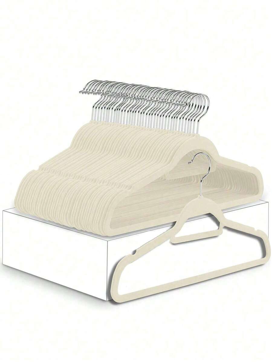 SHEIN 10/20pcs Luxury Black Flocked Anti Slip Hanger, Ultra-Thin And Space Saving - Heavy-Duty Rotating Black Hook Suitable For Clothing, Suits, Tops, Ties, Shirts, Skirts, And Pants Organization - Beige - View 1