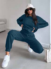EURMUSE 2 pièces Ensemble top à manches longues lâches et pantalon de couleur unie décontracté pour femmes, printemps/automne - Vert sapin - Voir 5