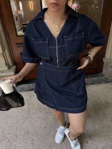 Dripcurv 大码女式无弹力V领不对称牛仔连体裤，春秋季深蓝色牛仔衬衫式蝴蝶结短裙韩版甜美连衣裙外出上衣女式裹身裙，可爱夏日假日优雅浪漫曲线农舍风 - 藍色 - 查看 3