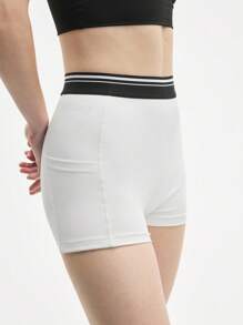 SHEIN Sports 女士高腰条纹紧身运动短裤，适合日常锻炼 - 白色 - 查看 5