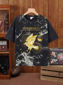 HARRY POTTER X SHEIN Tween Boy Summer Gold Eagle Black & White Tie-Dye Stylish Black Casual Versatile Short Sleeve T-Shirt - Multicolor - View 1