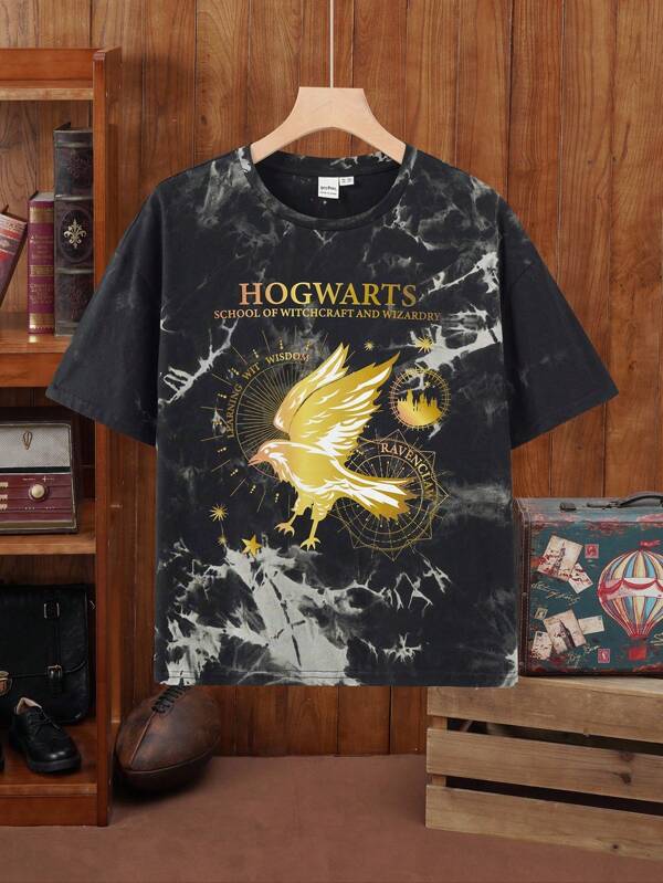 HARRY POTTER X SHEIN T-shirt à manches courtes noir décontracté et polyvalent avec motif tie-dye noir et blanc, aigle doré, pour les garçons prépubères en été