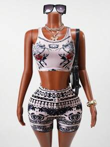 BamGleam 2-teiliges Set Damen Sommer Lässig Streetwear Vintage Sexy Barock Stil Outfit, Rundhals ärmelloses Korsett Top + Shorts, durchgängiges Barock Muster Muster in beige & schwarzem Blumen Netz Mesh - Verschiedenfarbig - Übersicht 1
