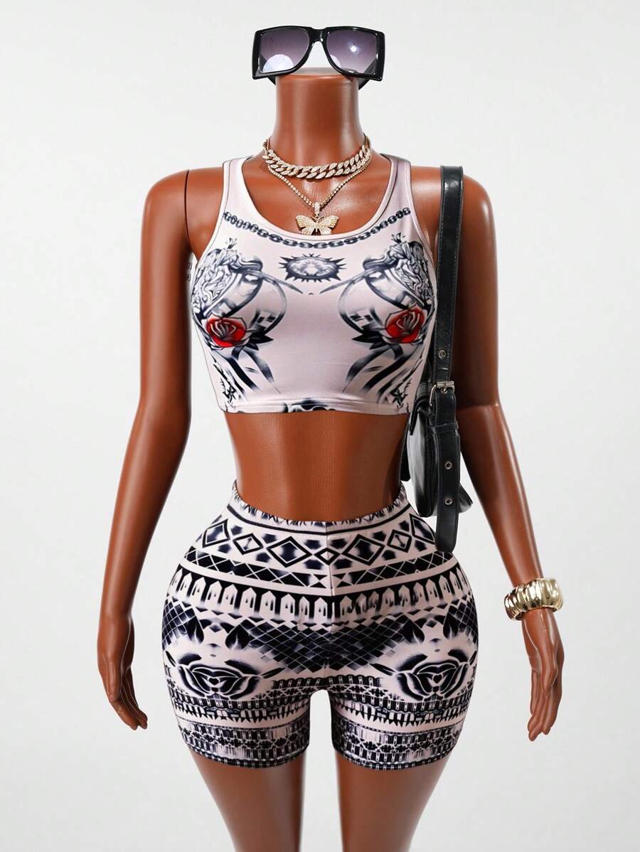BamGleam 2-teiliges Set Damen Sommer Lässig Streetwear Vintage Sexy Barock Stil Outfit, Rundhals ärmelloses Korsett Top + Shorts, durchgängiges Barock Muster Muster in beige & schwarzem Blumen Netz Mesh - Verschiedenfarbig - Übersicht 1