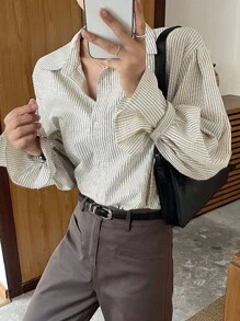 DAZY 女式条纹长袖单排扣休闲宽松通勤衬衫秋季 - 米色 - 查看 7