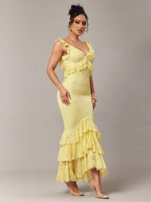 Silquee Premium Early Autumn Summer Cream Yellow Ladies Floral Stretch Lace Ruffle Straps Slim Asymmetrical Multi-Layered Ruffle Hem Dress, Elegant Dress, Tea Party Dress - Yellow - View 7