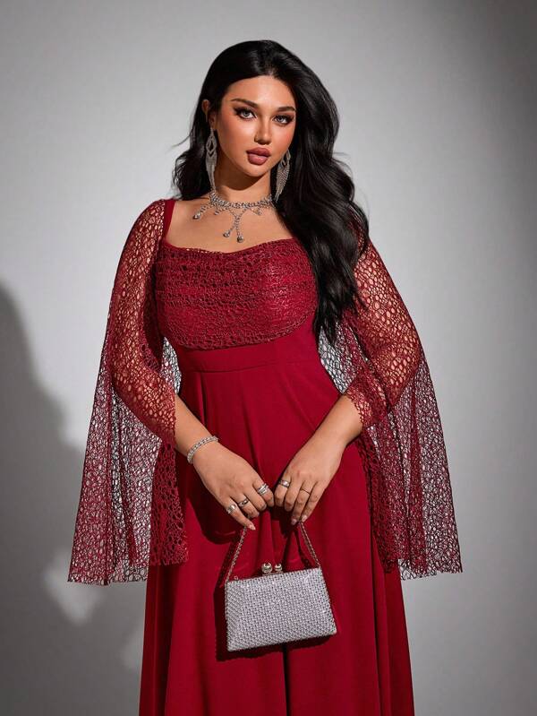 Viva Relle Plus Size Women Elegant & Romantic Banquet Dress, Draped Neck Net Yarn Patchwork, Slim Fit Flare A-Line Long Sleeve Dress