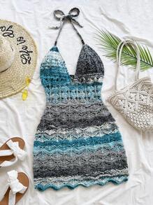 Soleia Gradient Color Sexy Strap V-Neck Hollow-Out Wood Bead Fitted Ladies Sweater Dress, Vacation Spaghetti Strap Backless Gradient Knitted Dress, Suitable For Holiday, Date, Afternoon Tea, Vacation, Music Festival, Bohemian