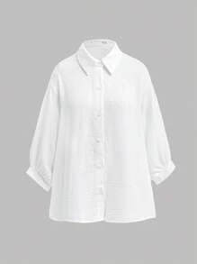 SHEIN Set de cămașă, maiou și pantaloni cu mânecă rulată, lejeră, simplă și confortabilă, pentru fete adolescente