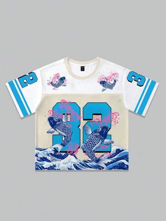 Street Life T-shirt décontracté d'été pour hommes avec impression numérique color block et vague