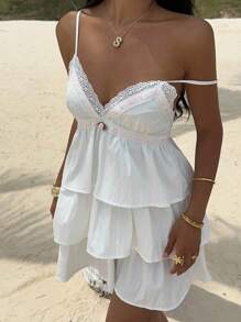 SHEIN PETITE 女士夏季休闲多层荷叶边下摆拼布花卉装饰吊带迷你连衣裙 - 白色 - 查看 3