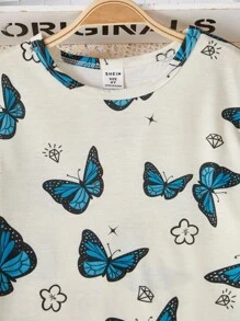 Girls' Butterfly Pattern Short-Sleeve Top + Stretchy Waistband Long Pants Children's Two Pieces Set, Suitable For Outdoor Wear. - Apricot - View 3