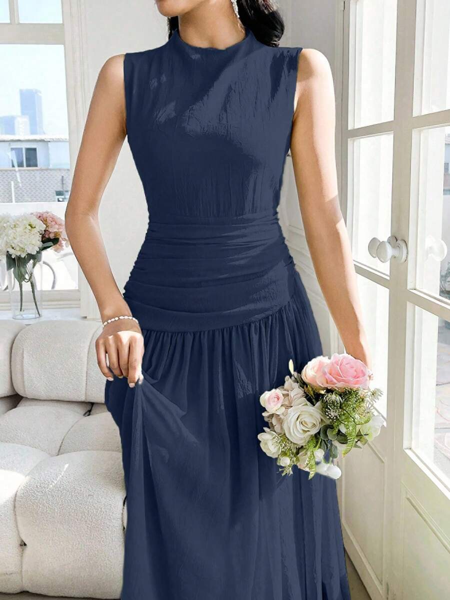 Modelyn 女士 Design Sense 立领无袖荷叶边中长连衣裙 - 藏蓝色 - 查看 1