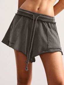 Bohemela Casual Knitted Solid Color Drawstring Waist Women Shorts - Brown - View 6