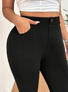 SHEIN EZwear Plus Size Solid Color High Waist Pants, Suitable For Everyday Wear, Spring/Summer - Black - View 5