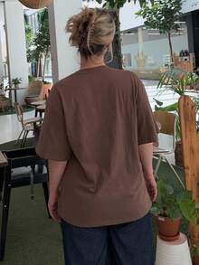 Jeta Ari Women's Loose Fit Short Sleeve T-Shirt With Letter Print Round Neckline ACTIVE Summer - Coffee Brown - View 2