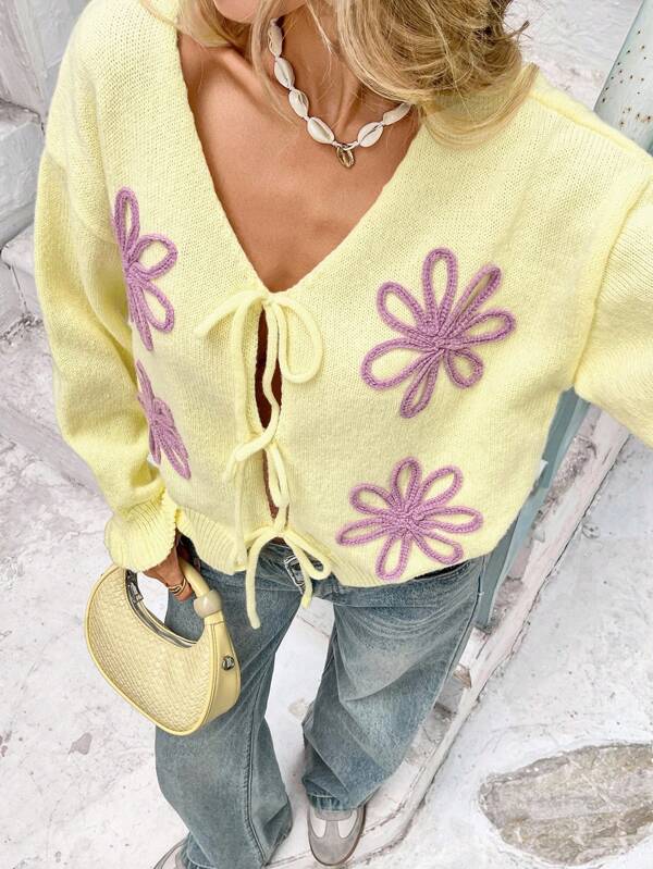 Vivid Eden Women's V-Neck Floral Jacquard Drop Shoulder Long Sleeve Front Tie Thin Cardigan,Fall Women Clothes,, Yellow Cardigan Women, Tie Front Cardigan, Floral Cardigan