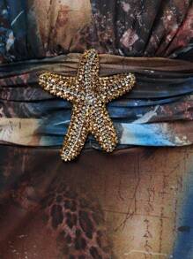 TypaGal Vestido de lujo con estilo oceánico, diseño de estampado degradado azul y marrón, espalda con tirantes sexy, decoración exquisita de strass en forma de estrella de mar en la cintura, bajo asimétrico con apliques de tul, que resalta las curvas encantadoras, adecuado para fiestas de vacaciones o actividades en la playa.