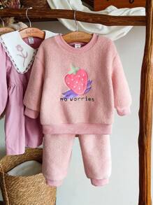 SHEIN 2-Pack Baby Girl Fashion Cute Strawberry Pattern Embroidered Long-Sleeved Top And Pants Set Suitable For Autumn And Winter Daily Wear Fall - Pink - View 1