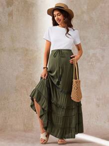 Boho Mama Maternity Solid Color Waist Tie Ruffle Hem Casual A-Line Skirt  Fall Clothes
