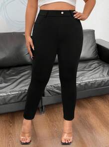 SHEIN PETITE Celana Panjang Kasual Minimalis Warna Polos Pinggang Elastis Slim Fit Skinny untuk Wanita, Pakaian Musim Gugur - Hitam - View 5