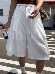 DAZY Pantalon cargo long ample et décontracté pour femmes, couleur unie avec grandes poches, pour l'été - Blanc - Voir 4