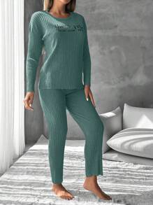 EURMUSE Women's Printed Text & Striped Ribbed Knit Homewear Set - Dark Green - View 4