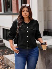 Vionelle 大码纯色休闲长袖夹克 - 黑色 - 查看 3