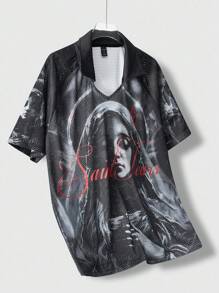 ROMWE MEN Street Life Camisa polo de manga corta con diseño vintage americano de Nuestra Señora, estilo callejero para hombres - Negro - Ver 6