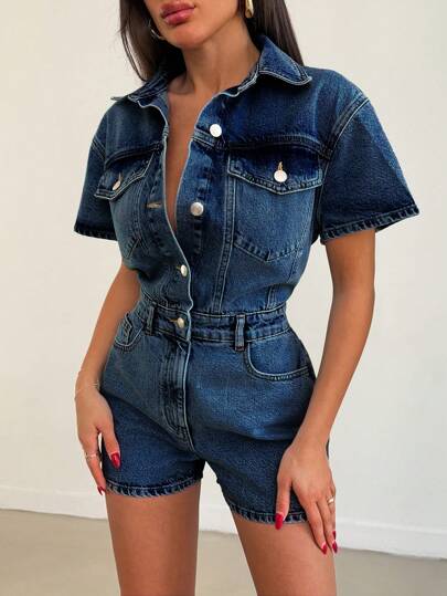 EURMUSE Women's Summer Short Sleeve Single Breasted Pocket Casual Denim Jumpsuit
